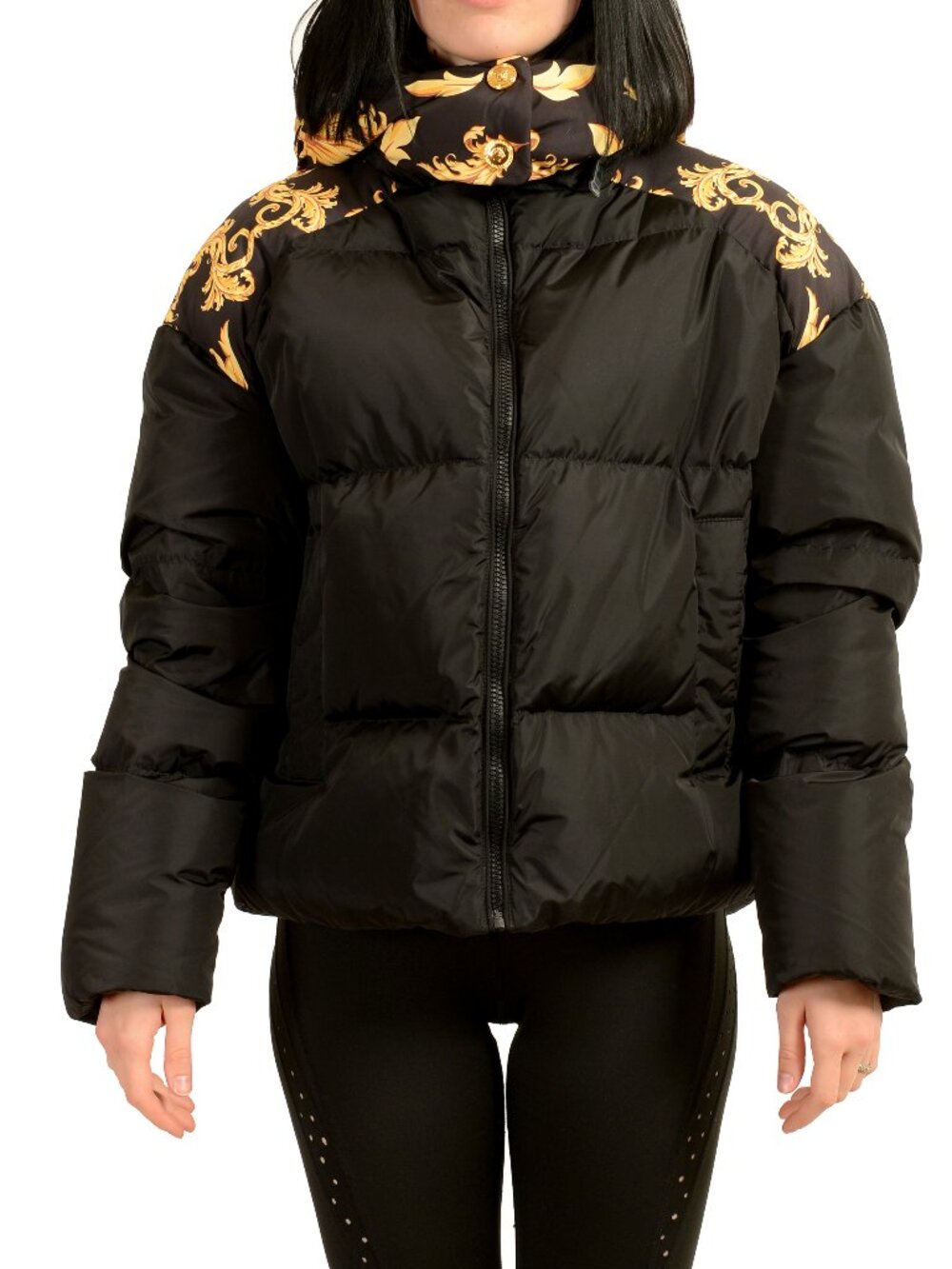 Versace Women's Black & Barocco Print Hooded Down Parka Jacket US L IT 44
